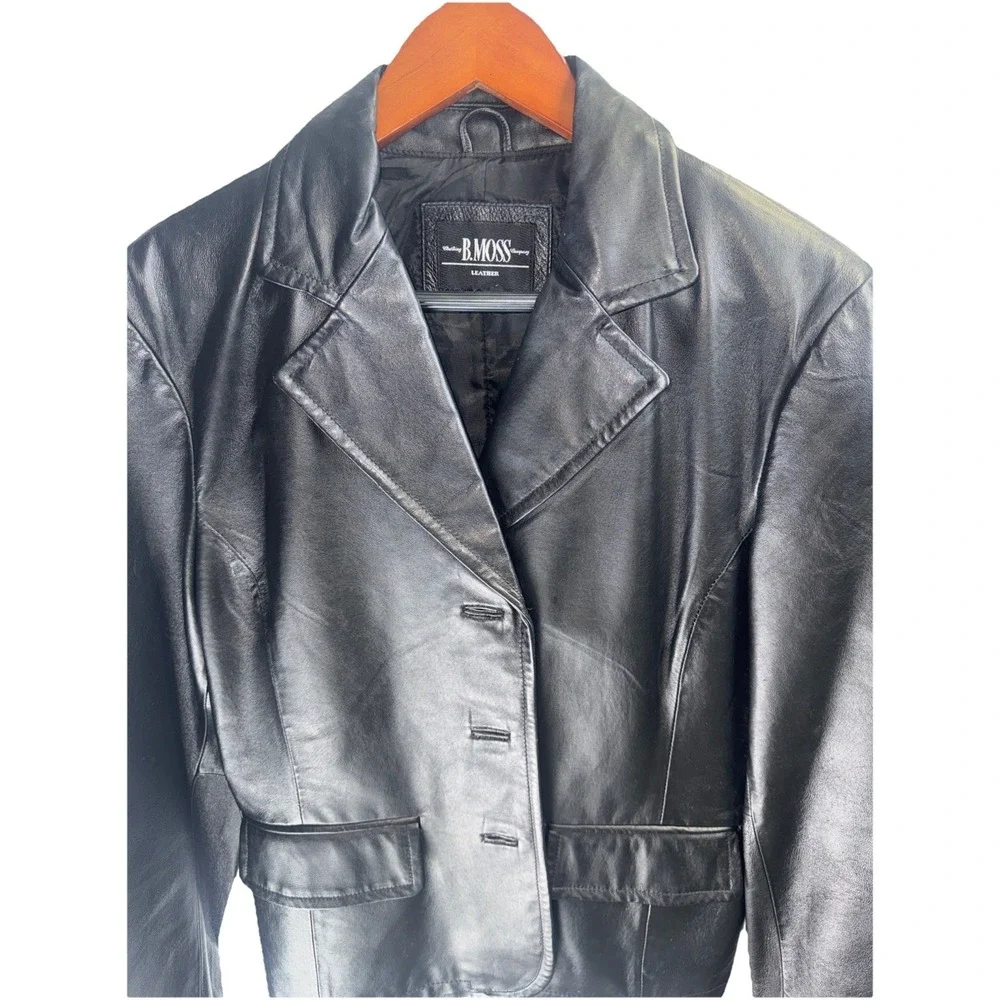 B. Moss - Black Leather Jacket Quilted Lining - Women's Large Button Front 😊‎